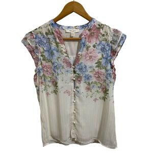 Haver + Blair London Floral Gold Stripe Sleeveless Blouse Cream Blue Pink Small